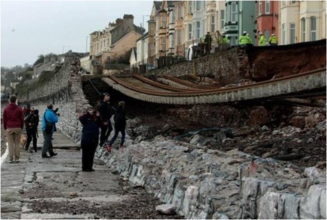 Railway collapsed in Dawlish just befor the station. Tracks hanging with no support
